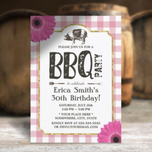 Rustic Daisy Pig Roast BBQ Pink Plaid Birthday Invitation