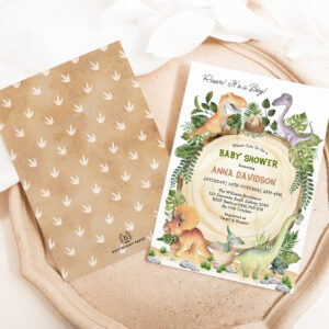 Rustic Dinosaur Greenery Boy Baby Shower Invitation