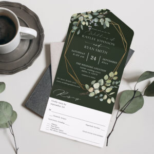 Rustic Eucalyptus & Gold Frame Wedding - Green All In One Invitation
