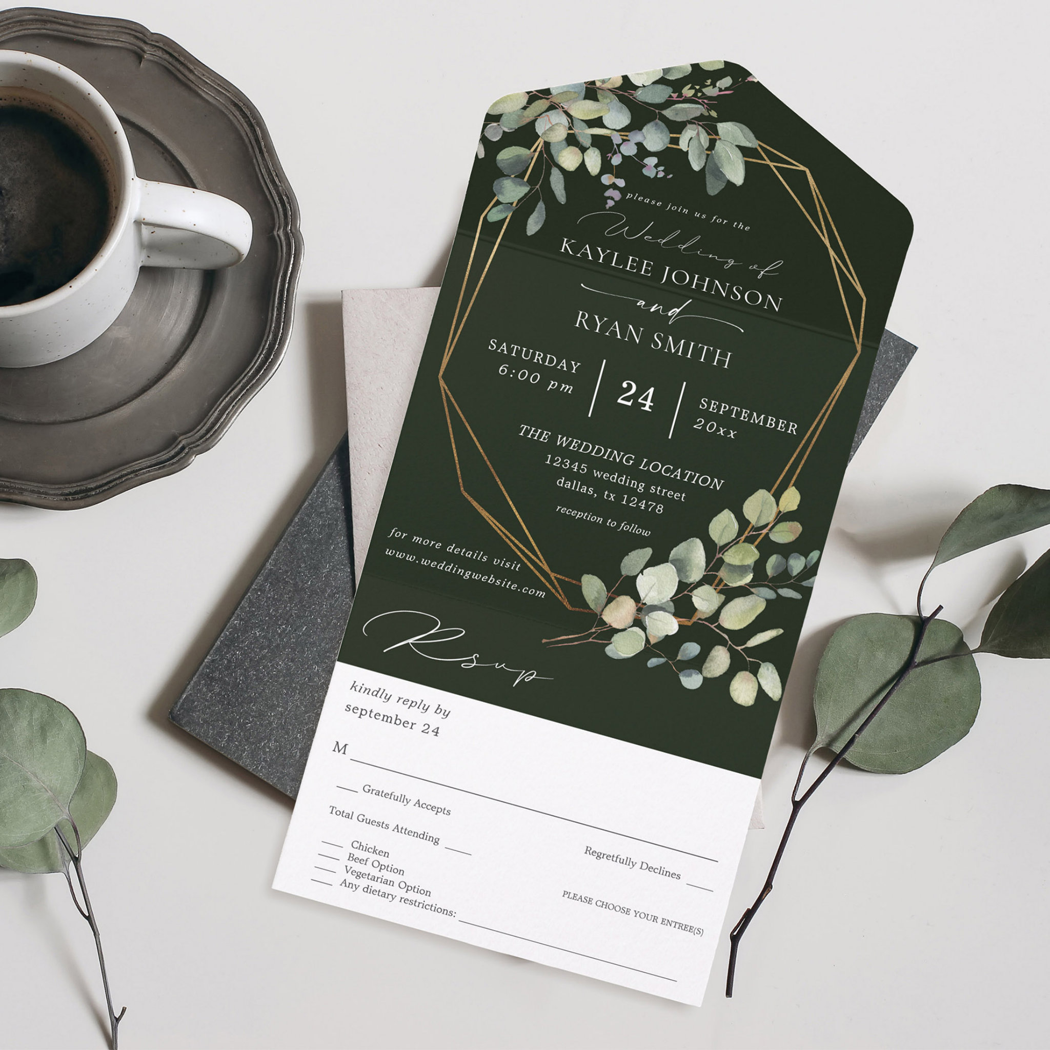 Rustic Eucalyptus & Gold Frame Wedding - Green All In One Invitation