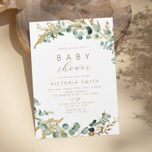 Rustic eucalyptus gold greenery boho Baby Shower Invitation