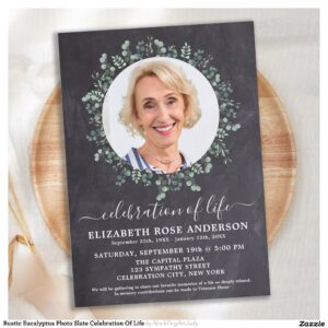 Rustic Eucalyptus Photo Slate Celebration Of Life Invitation