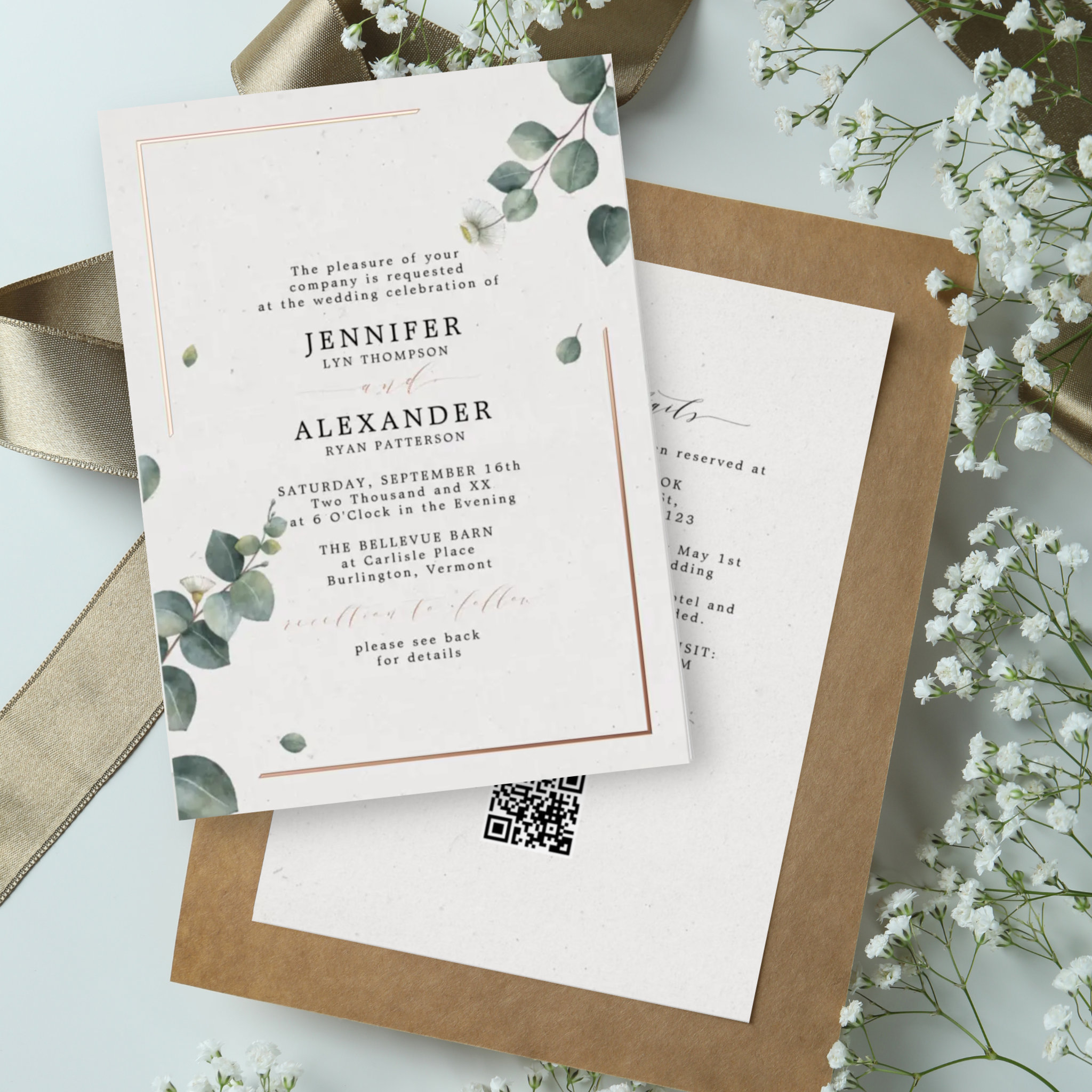 Rustic Eucalyptus & RSVP QR Code Wedding Rose Gold Foil Invitation