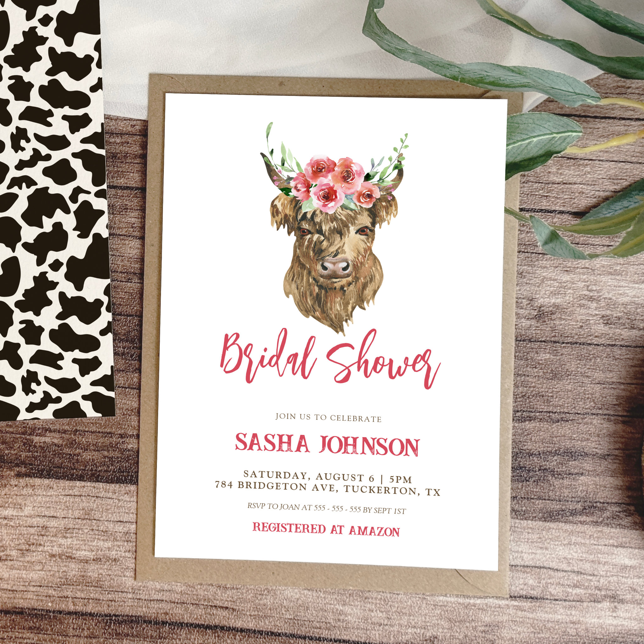 Rustic Floral & Cow Print Western Bridal Shower Invitation