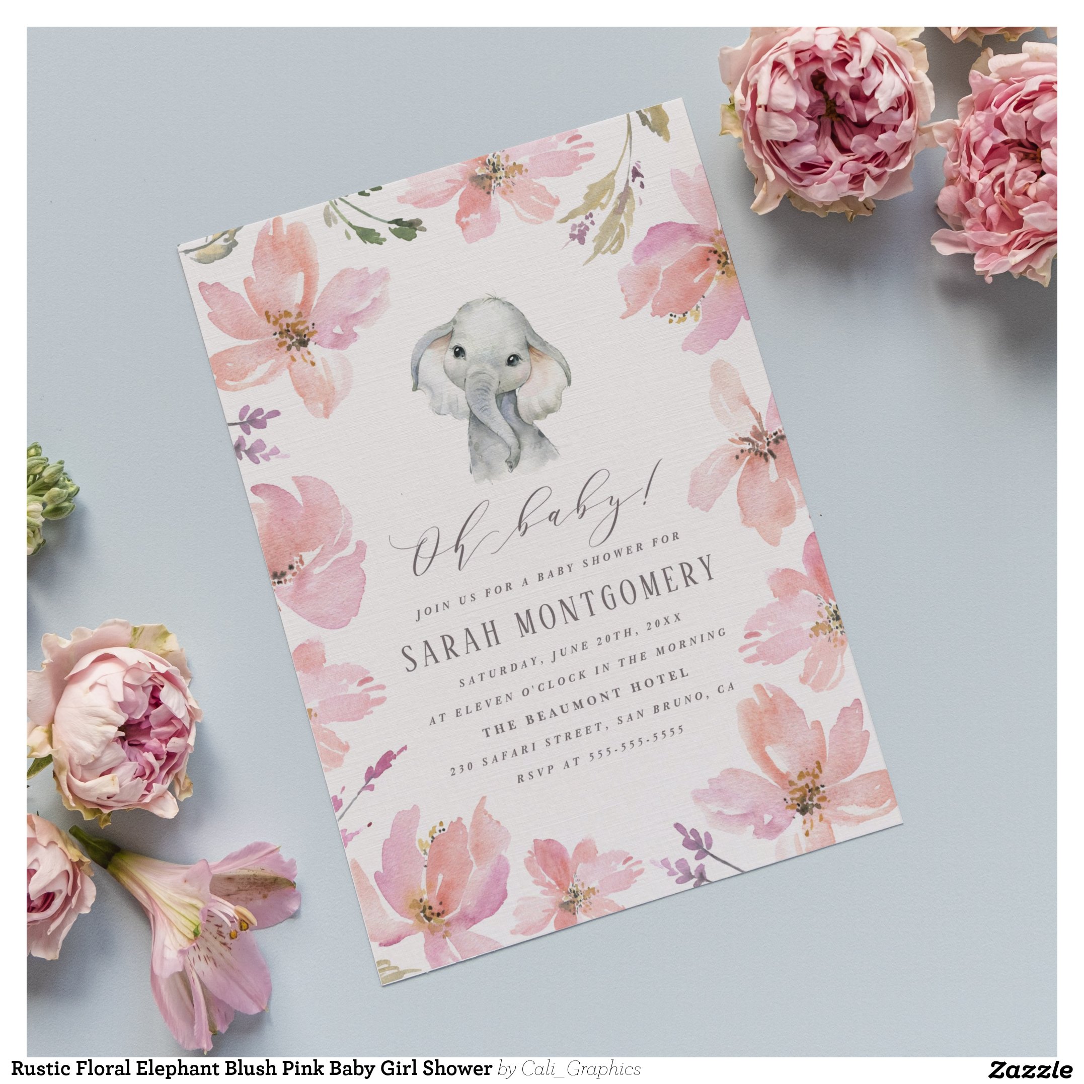 Rustic Floral Elephant Blush Pink Baby Girl Shower Invitation Postcard