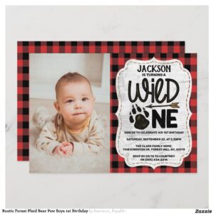 Rustic Forest Plaid Bear Paw Boys 1st Birthday Invitation