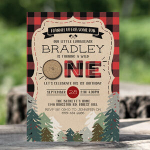 Rustic Forest Plaid Lumberjack Boys 1st Birthday Invitation