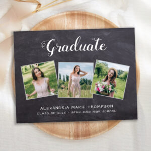 Rustic Graduation Personalized 3 Photo Chalkboard Invitation Postcard