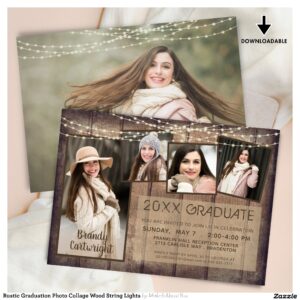 Rustic Graduation Photo Collage Wood String Lights Invitation