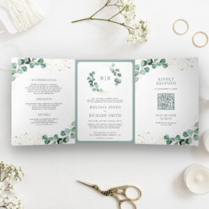 Rustic Greenery Gold Eucalyptus QR Code Wedding Tri-Fold Invitation