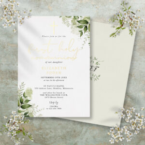Rustic Greenery Monogram First Holy Communion Foil Invitation