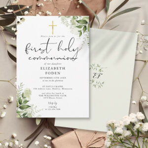 Rustic Greenery Monogram First Holy Communion Invitation