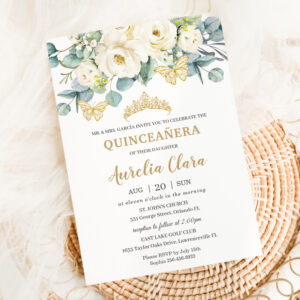 Rustic Ivory White Floral Eucalyptus Quincea?era Invitation