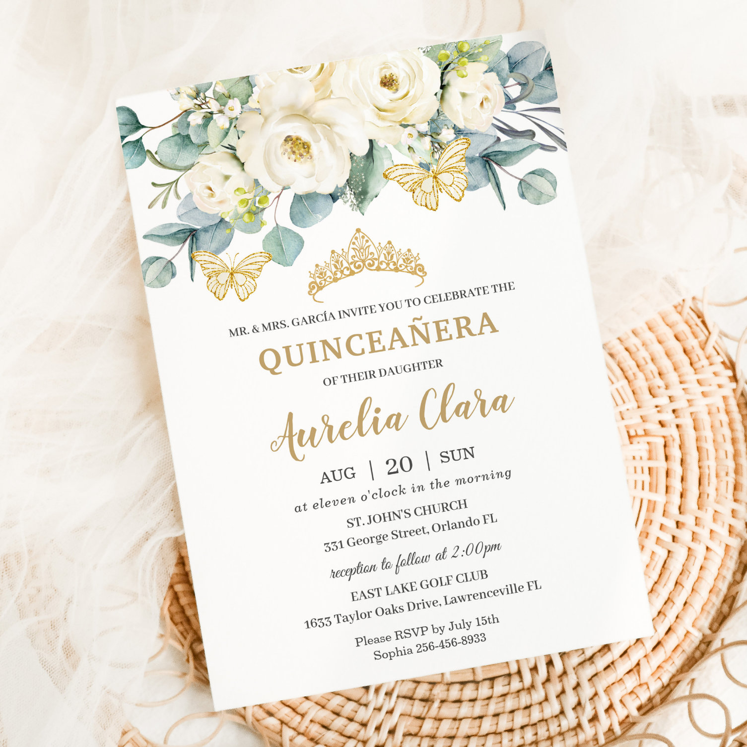 Rustic Ivory White Floral Eucalyptus Quincea?era Invitation