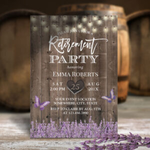 Rustic Lavender Floral Vintage Wood Retirement Invitation