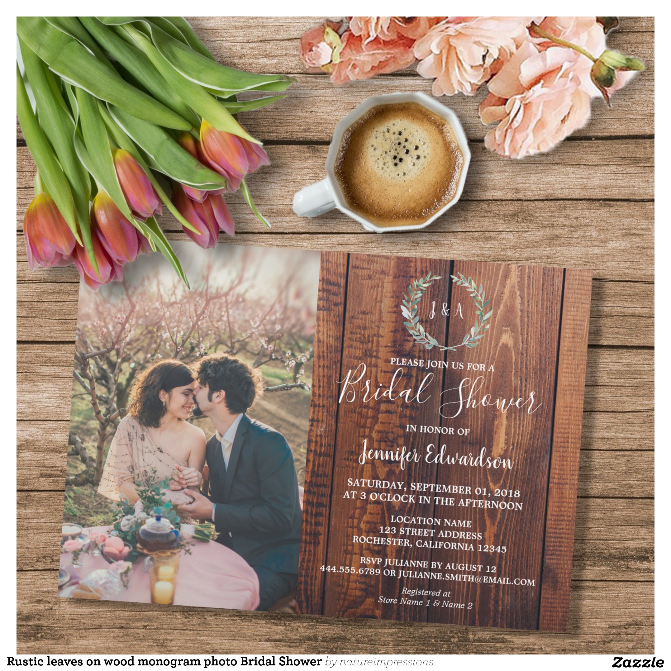 Rustic leaves on wood monogram photo Bridal Shower Invitation