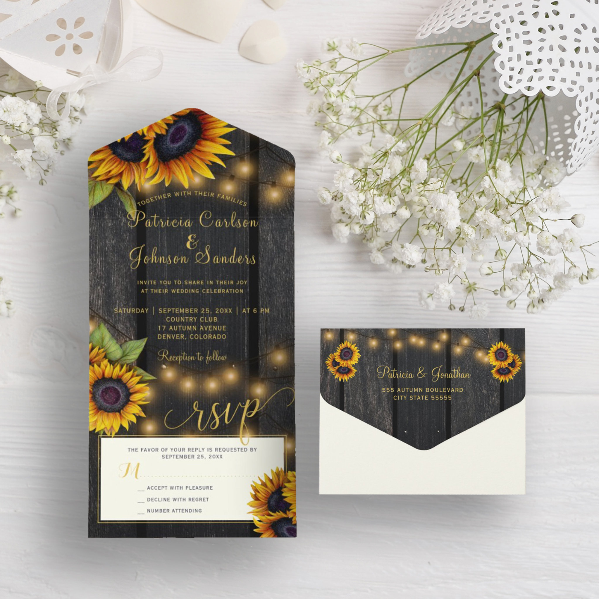 Rustic lights gold sunflowers barn wood wedding all in one invitation