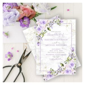 Rustic Lilac Lavender Gold Marble Floral Wedding Invitation