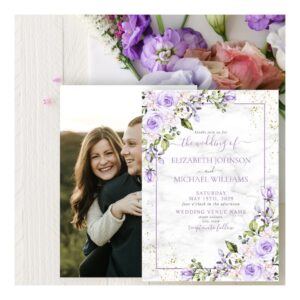Rustic Lilac Lavender Gold Marble Photo Wedding Invitation