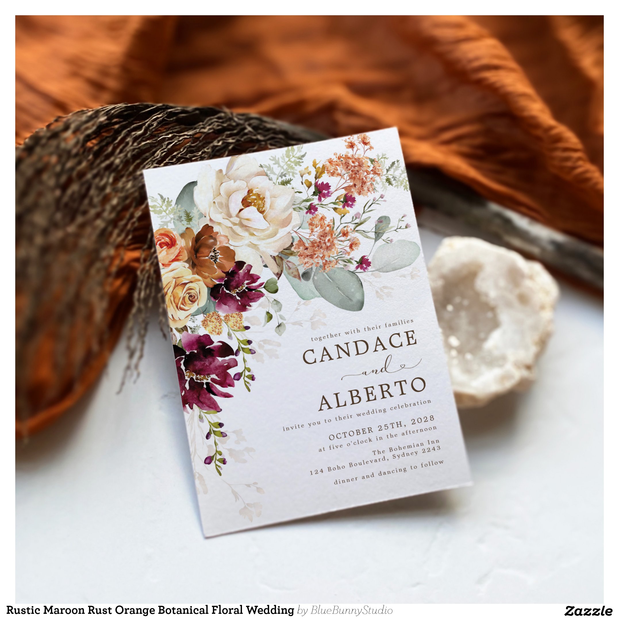 Rustic Maroon Rust Orange Botanical Floral Wedding Invitation