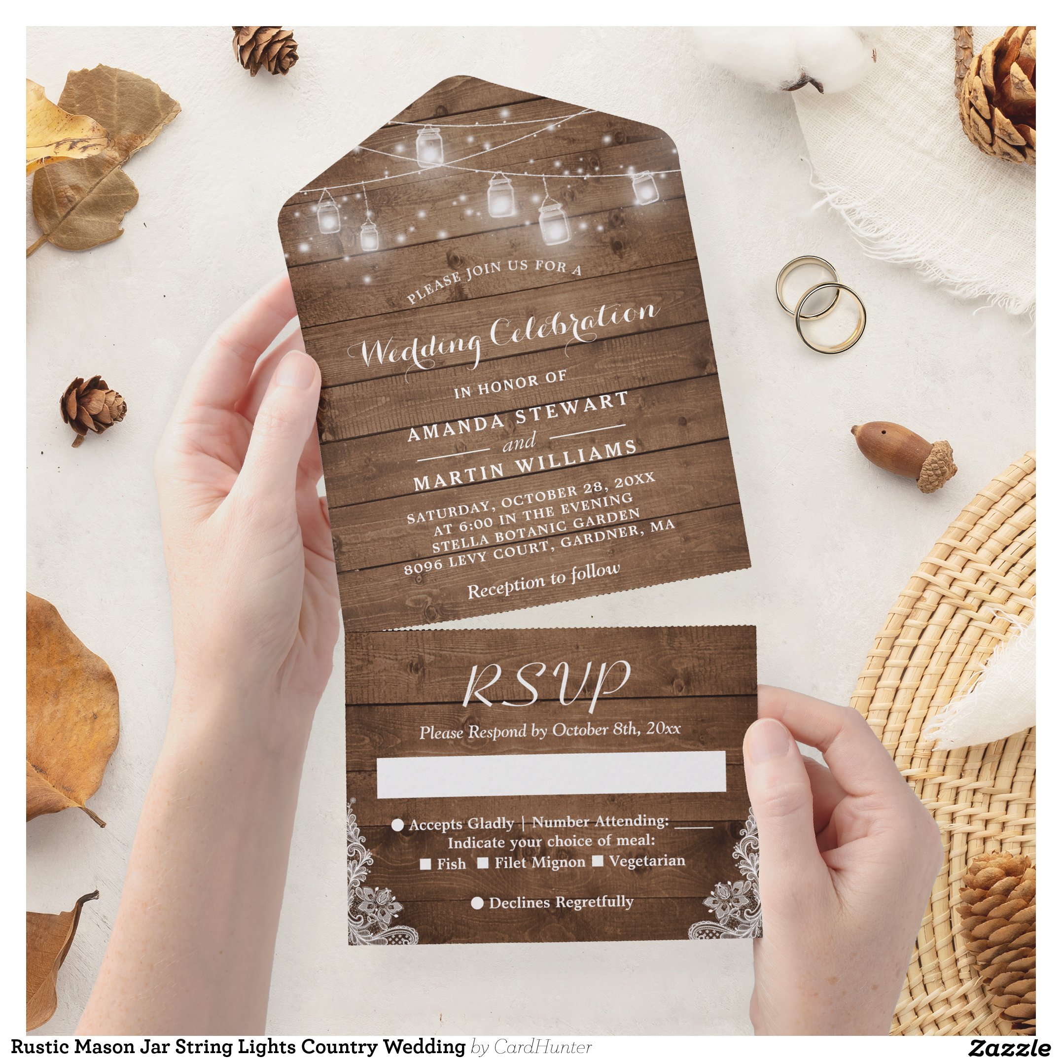 Rustic Mason Jar String Lights Country Wedding All In One Invitation
