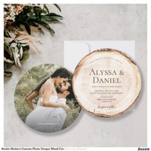 Rustic Modern Custom Photo Unique Wood Cut Invitation