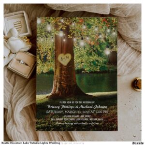 Rustic Mountain Lake Twinkle Lights Wedding Invitation