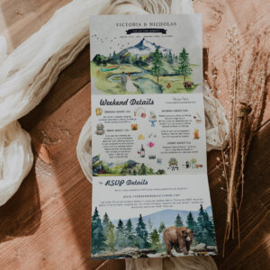 Rustic Mountain River Forest Illustrated Wedding Tri-Fold Invitation