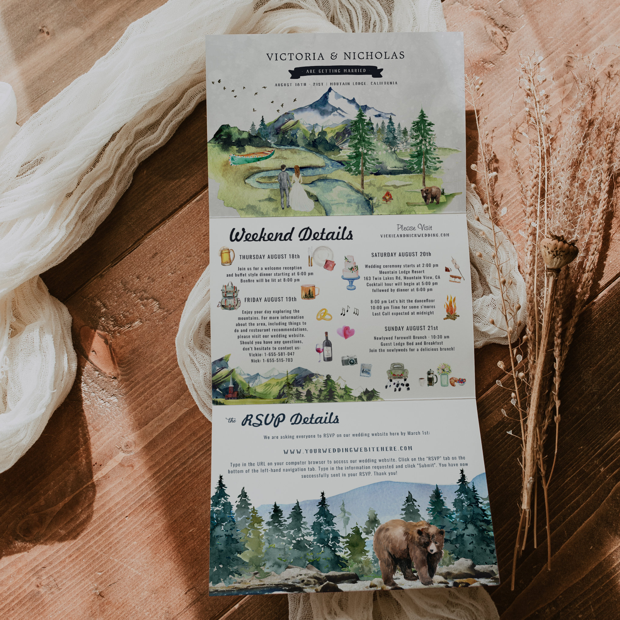 Rustic Mountain River Forest Illustrated Wedding Tri-Fold Invitation