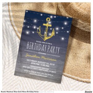 Rustic Nautical Blue Gold Mens Birthday Party Invitation