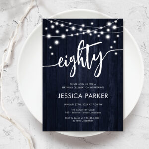Rustic Navy 80th Birthday Party Invitation