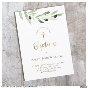 rustic olive branch Catholic Baptism Invitation