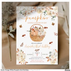 Rustic Orange White Pumpkin third birthday Invitation