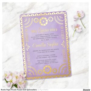 Rustic Papel Picado Purple Gold Quincea?era Foil Invitation