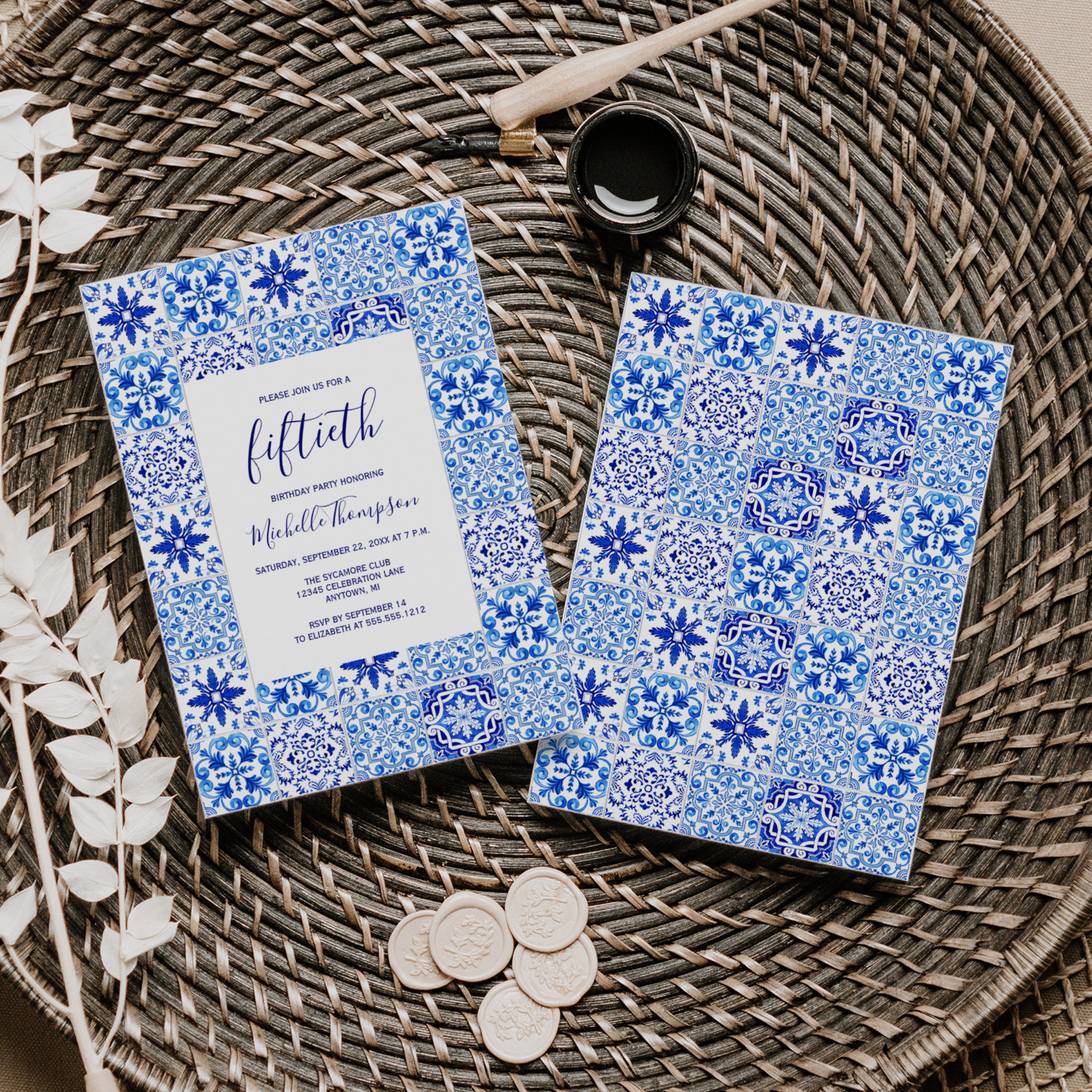 Rustic Portuguese Tile Blue White 50th Birthday Invitation