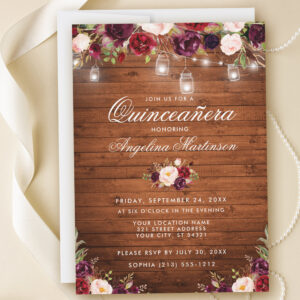 Rustic Quinceanera Wood Jar Lights Burgundy Floral Invitation