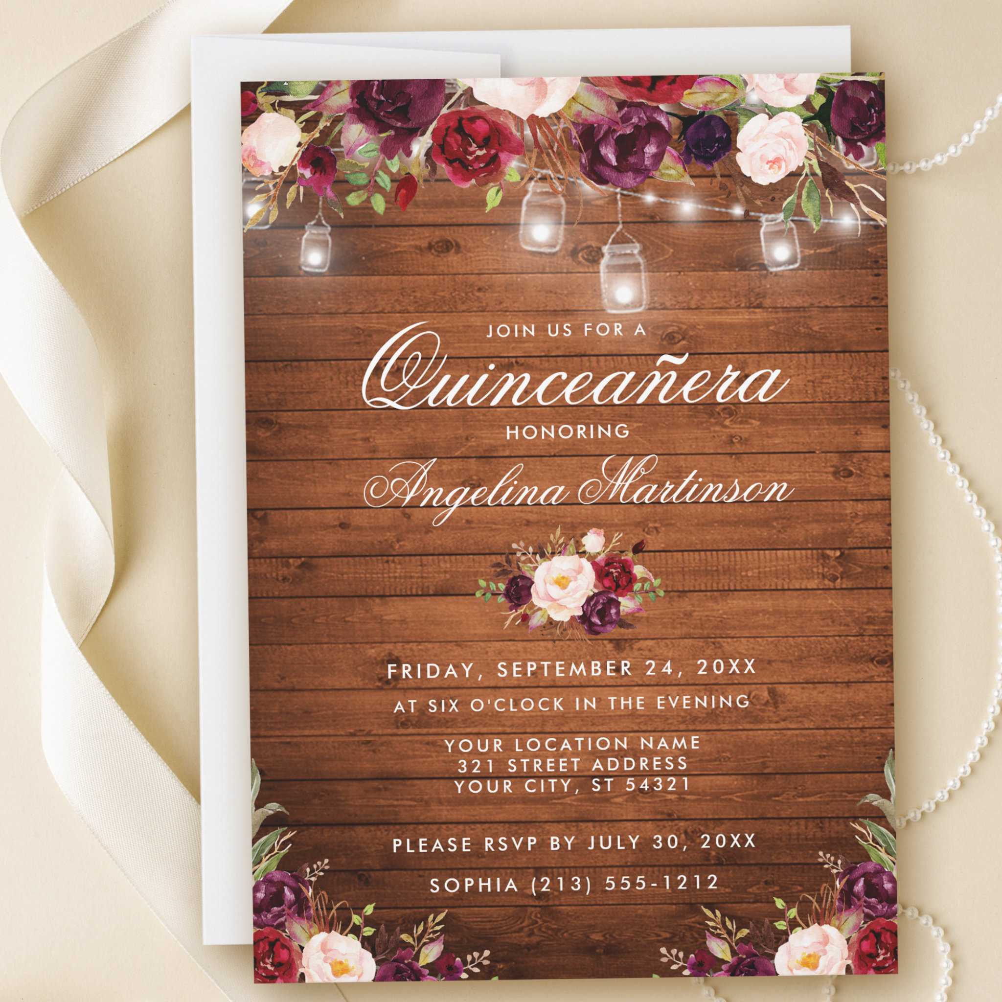 Rustic Quinceanera Wood Jar Lights Burgundy Floral Invitation