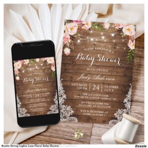 Rustic String Lights Lace Floral Baby Shower Invitation