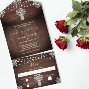Rustic String Lights Mason Jar Floral Wedding All In One Invitation