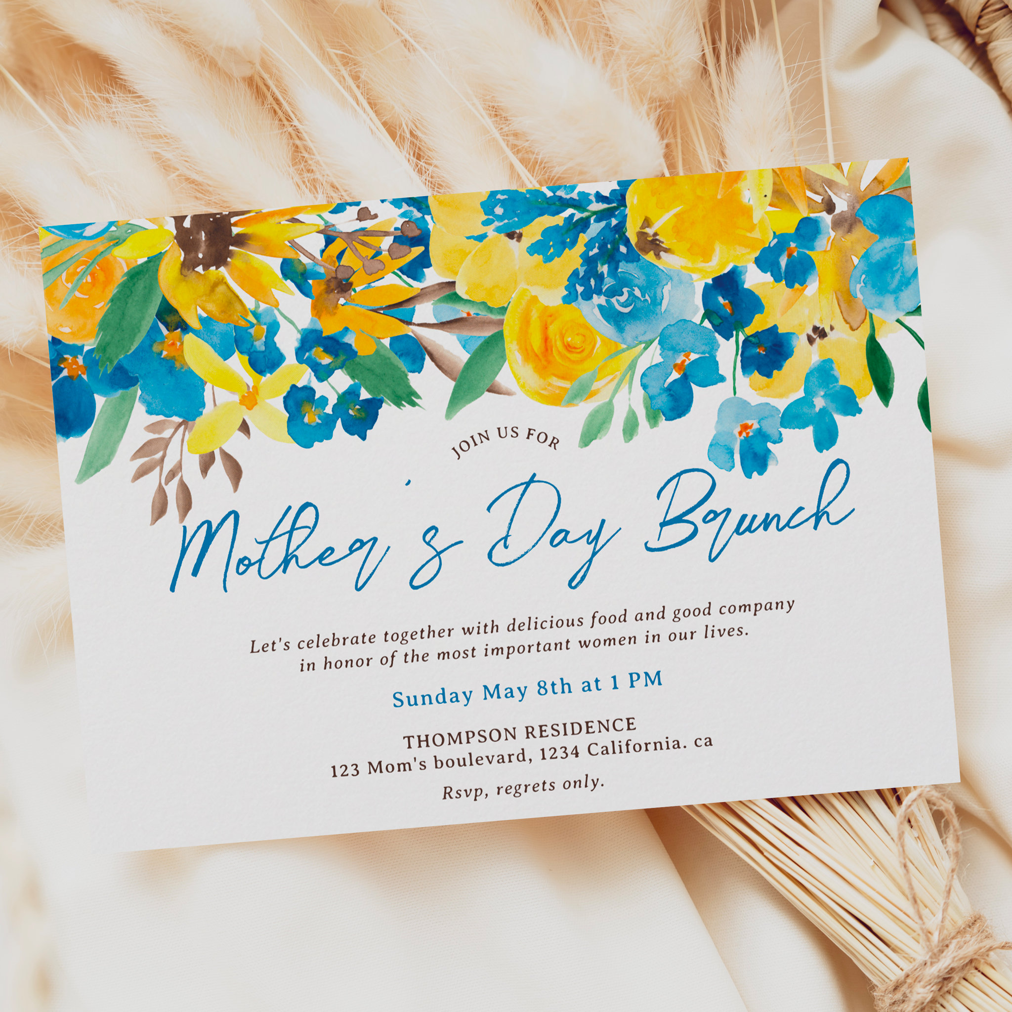 Rustic sunflower floral script mother's day brunch invitation