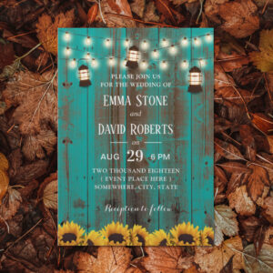 Rustic Sunflowers & Lanterns Teal Barn Wedding Invitation