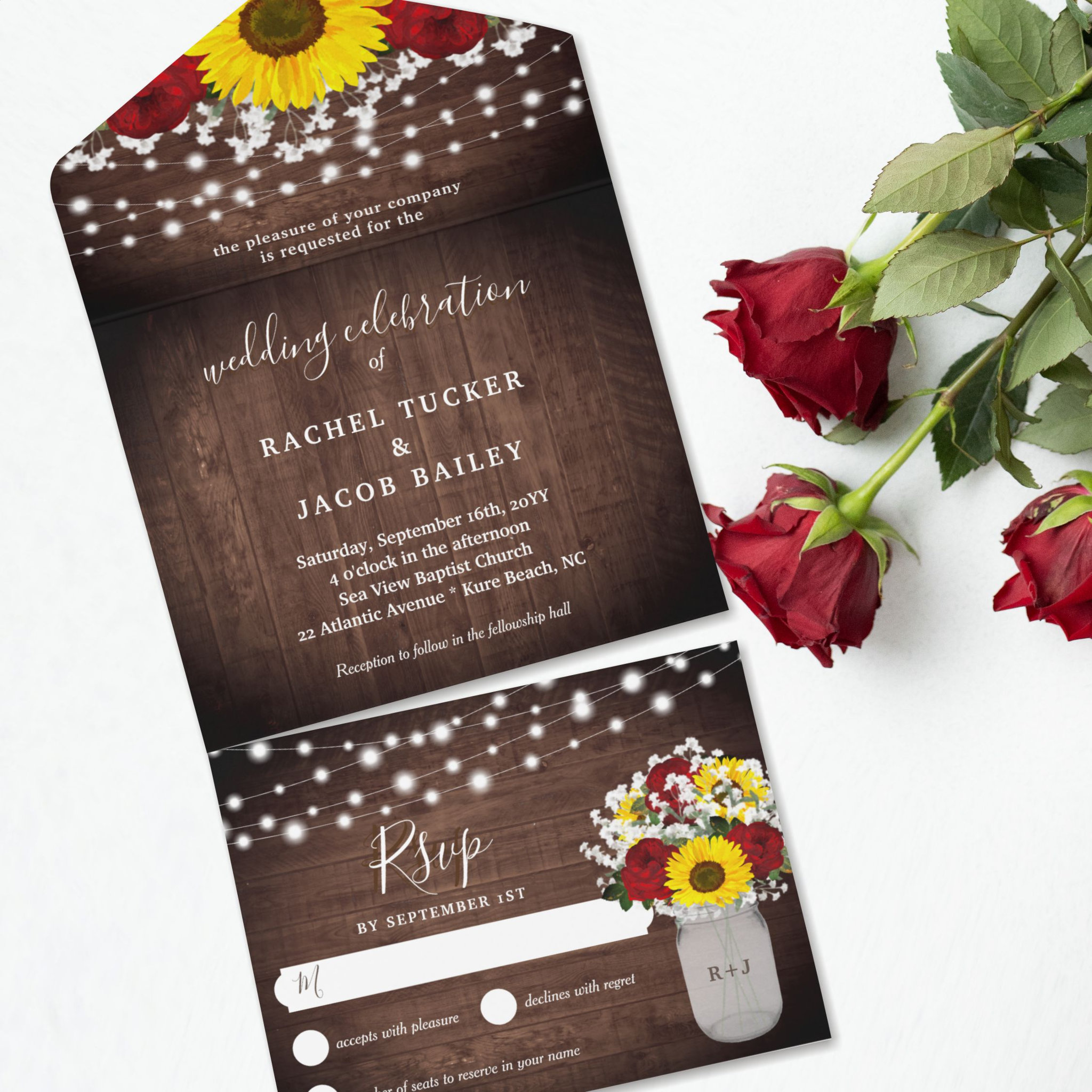 Rustic Sunflowers Roses Jar Lights Wedding All In One Invitation