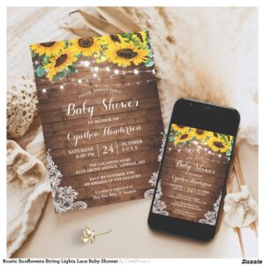 Rustic Sunflowers String Lights Lace Baby Shower Invitation