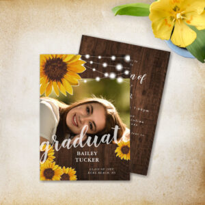 Rustic Sunflowers String Lights Photo Graduation Invitation