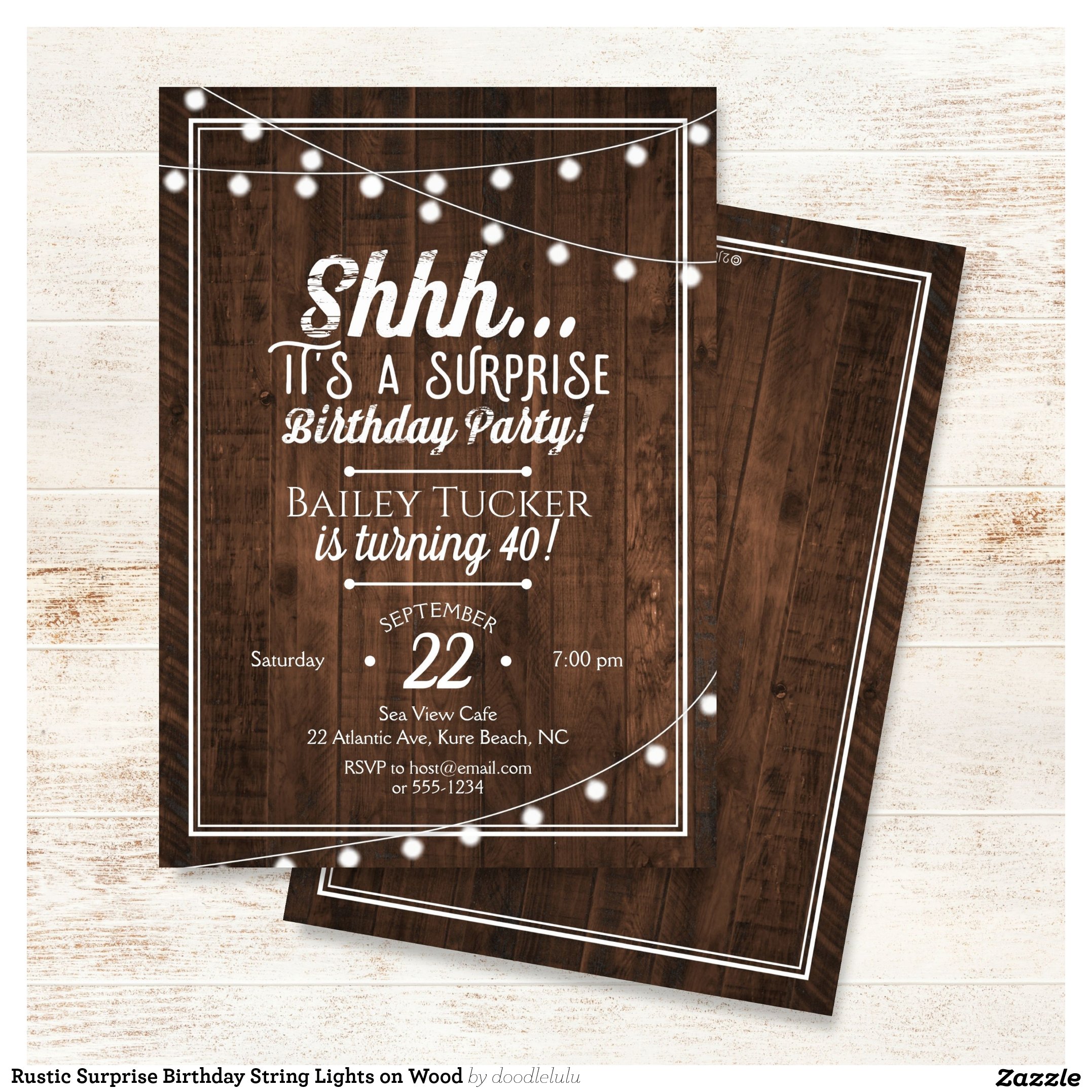 Rustic Surprise Birthday String Lights on Wood Invitation