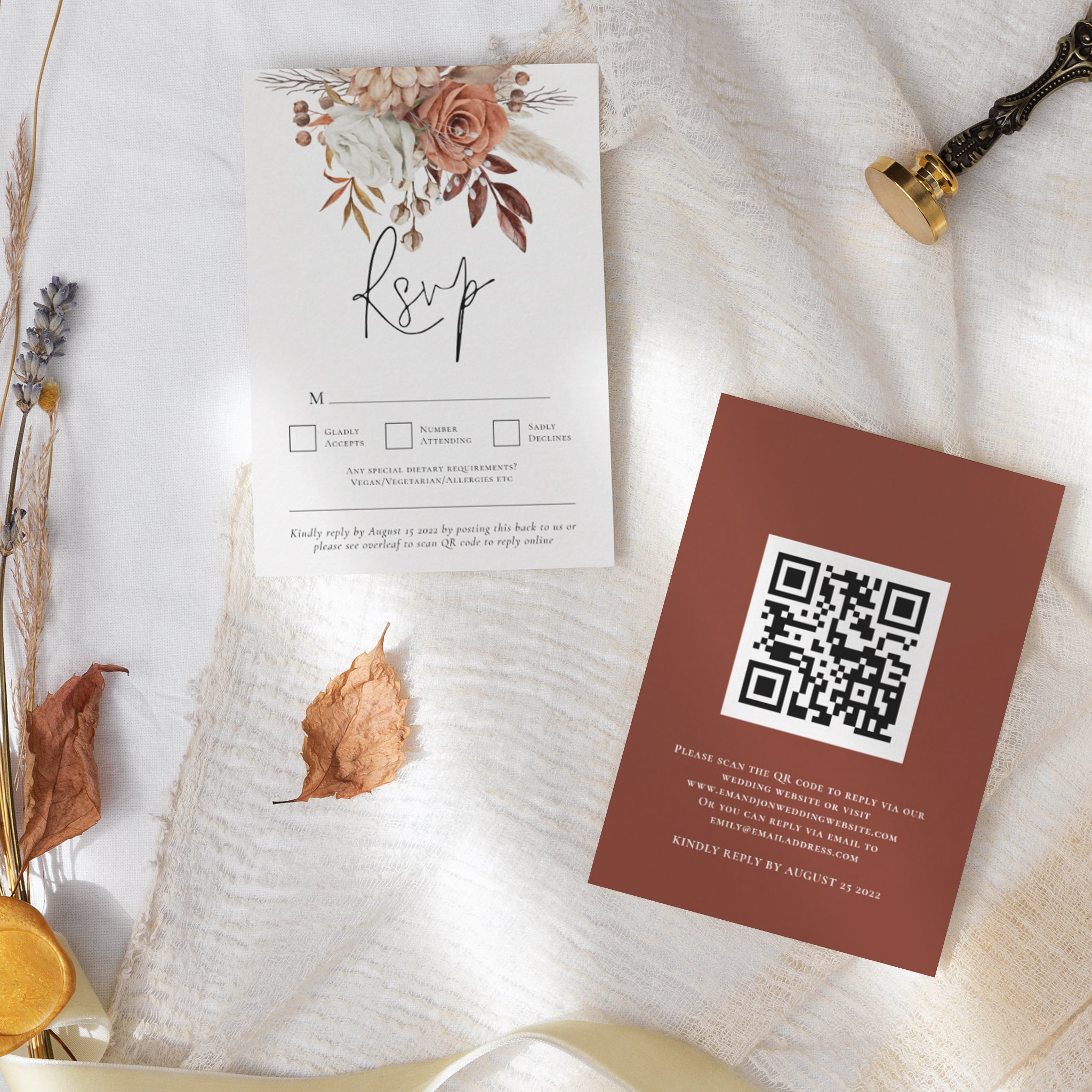 Rustic Terracotta Fall Florals QR Code Wedding RSVP Card