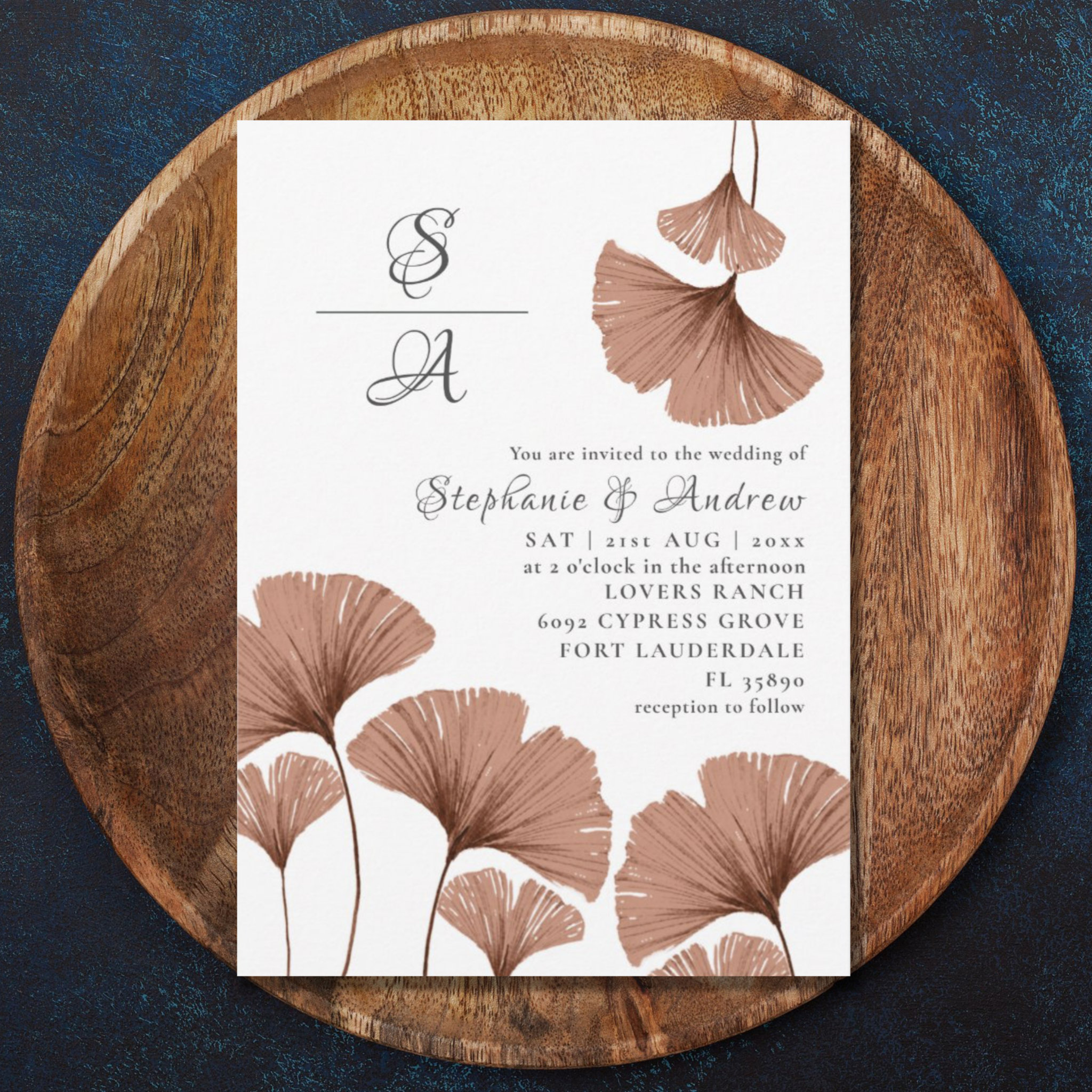 Rustic Terracotta Watercolor Ginkgo Wedding Invitation
