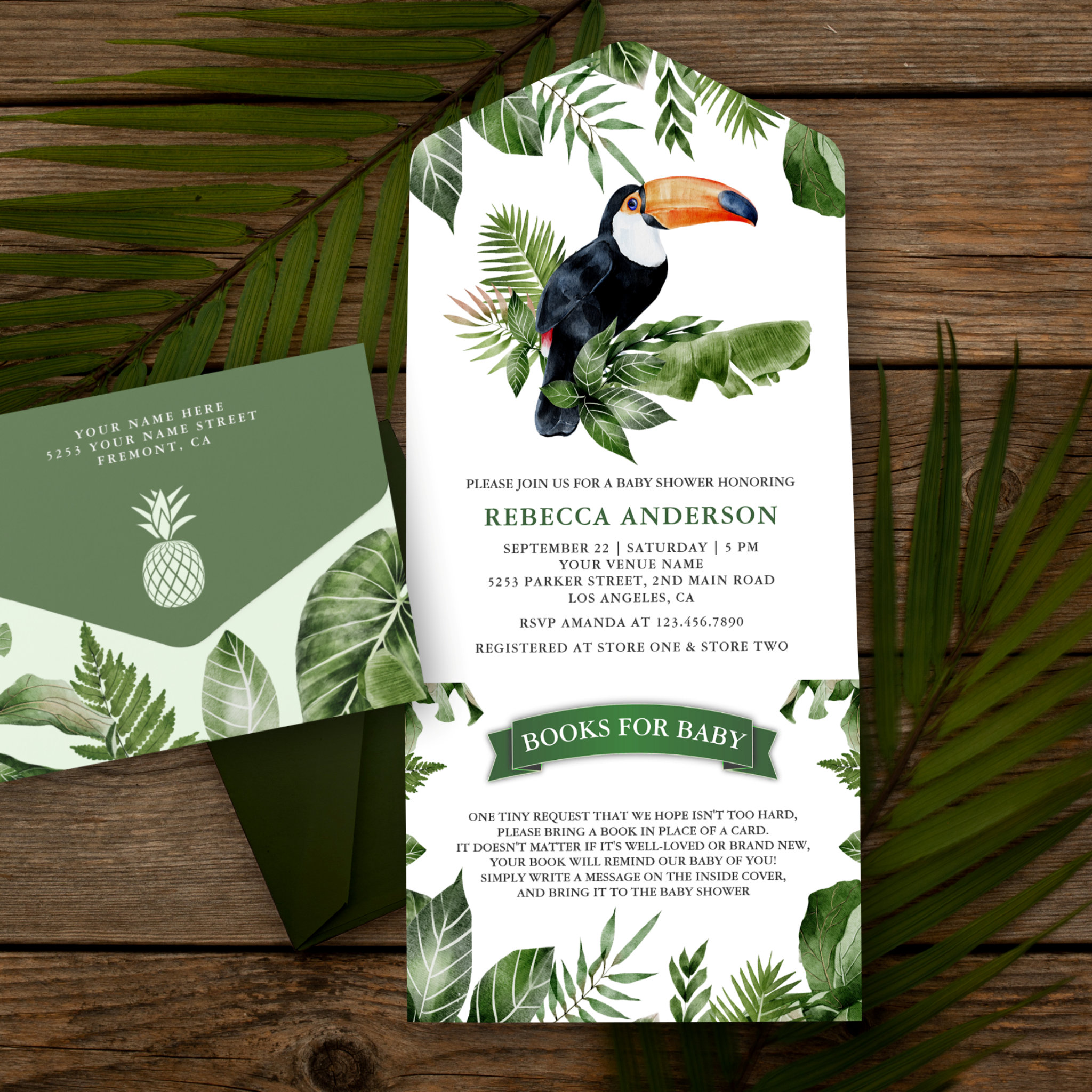 Rustic Tropical Jungle Cute Toucan Baby Shower All In One Invitation