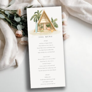 Rustic Tropical Palm Beach Shack Wedding Menu Invitation