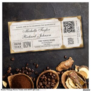 Rustic Vintage Movie Ticket with RSVP QR Code Invitation